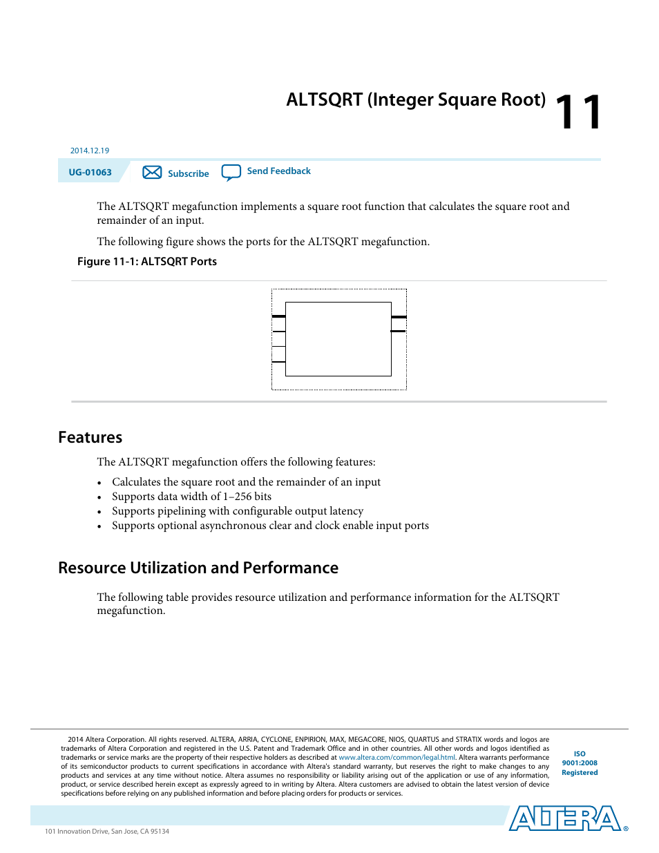 Altsqrt (integer square root), Features, Resource utilization and performance | Altsqrt (integer square root) -1, Features -1, Resource utilization and performance -1 | Altera Integer Arithmetic IP User Manual | Page 147 / 157