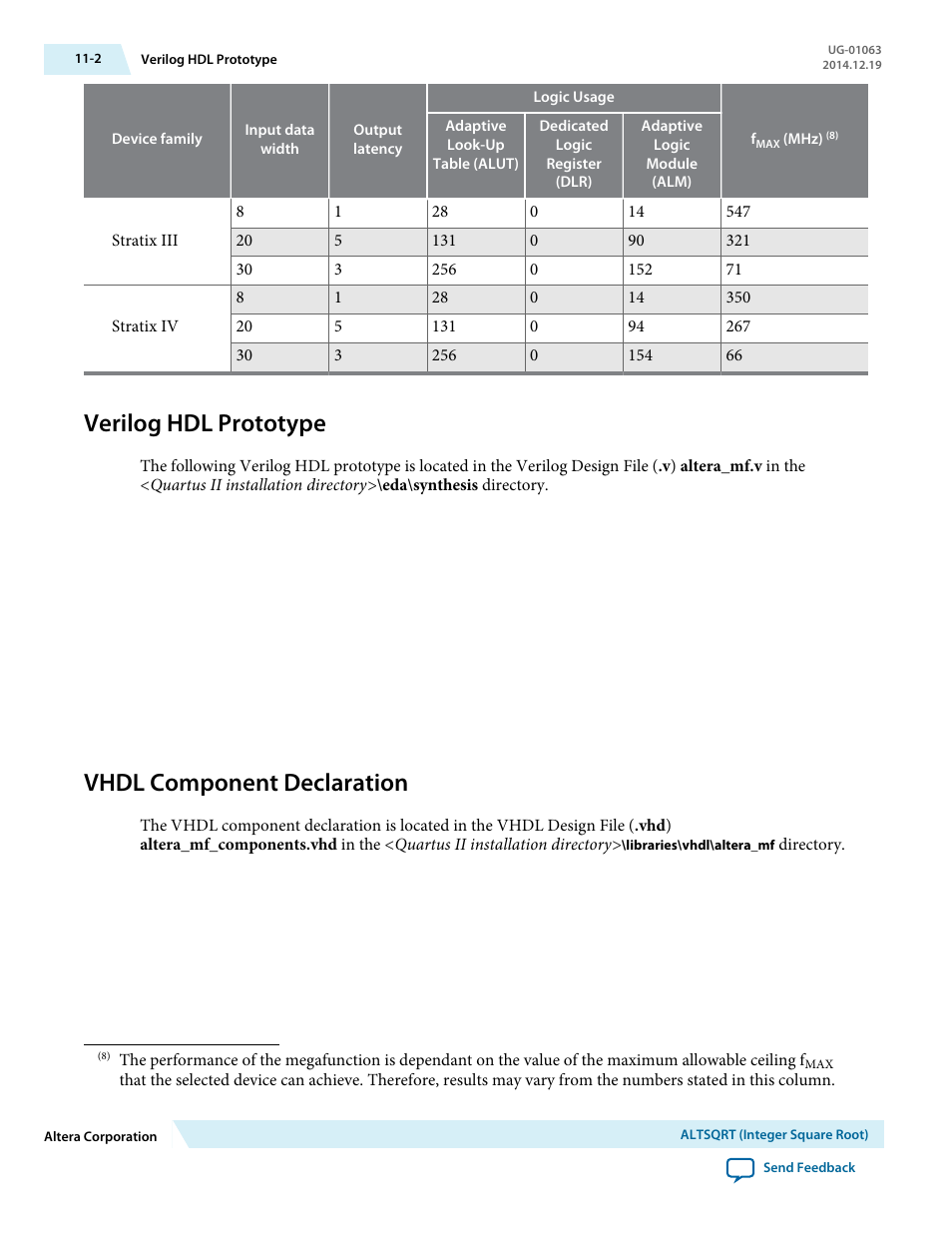 Verilog hdl prototype, Vhdl component declaration, Verilog hdl prototype -2 | Vhdl component declaration -2 | Altera Integer Arithmetic IP User Manual | Page 148 / 157