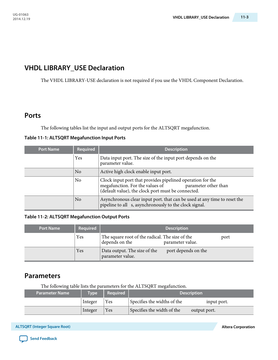 Vhdl library_use declaration, Ports, Parameters | Vhdl library_use declaration -3, Ports -3, Parameters -3 | Altera Integer Arithmetic IP User Manual | Page 149 / 157