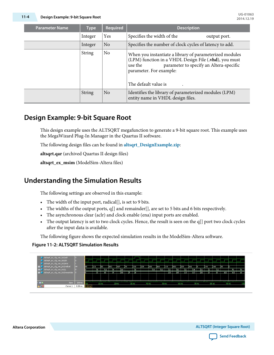 Design example: 9-bit square root, Understanding the simulation results, Design example: 9-bit square root -4 | Understanding the simulation results -4 | Altera Integer Arithmetic IP User Manual | Page 150 / 157