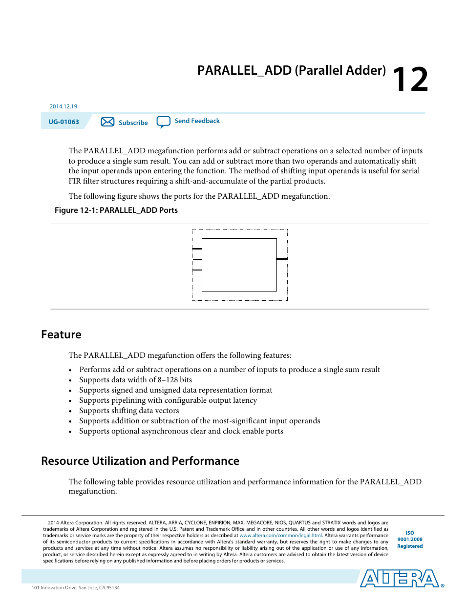 Parallel_add (parallel adder), Feature, Resource utilization and performance | Parallel_add (parallel adder) -1, Feature -1, Resource utilization and performance -1 | Altera Integer Arithmetic IP User Manual | Page 151 / 157