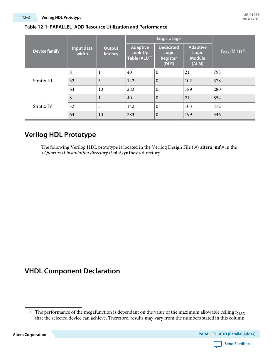Verilog hdl prototype, Vhdl component declaration, Verilog hdl prototype -2 | Vhdl component declaration -2 | Altera Integer Arithmetic IP User Manual | Page 152 / 157