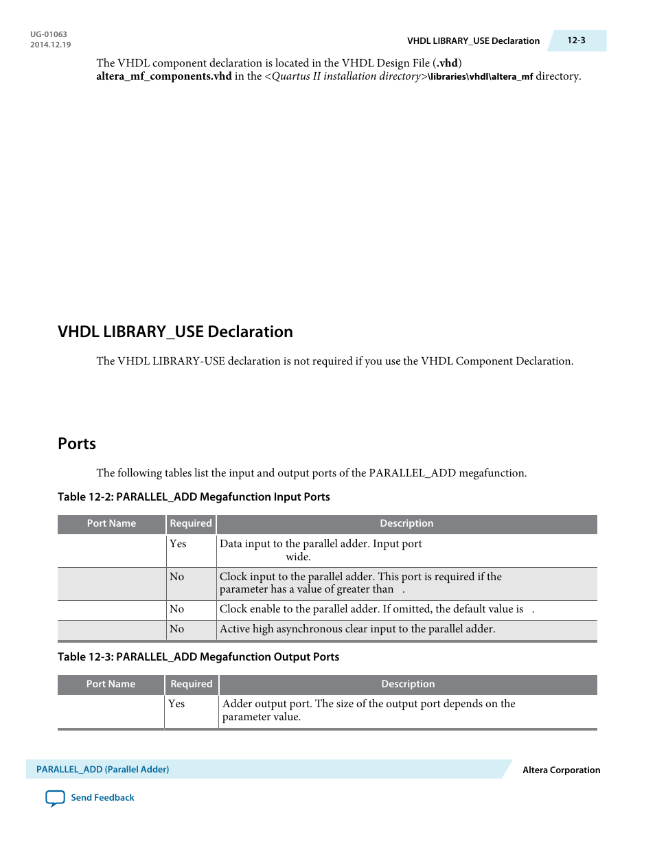 Vhdl library_use declaration, Ports, Vhdl library_use declaration -3 | Ports -3 | Altera Integer Arithmetic IP User Manual | Page 153 / 157