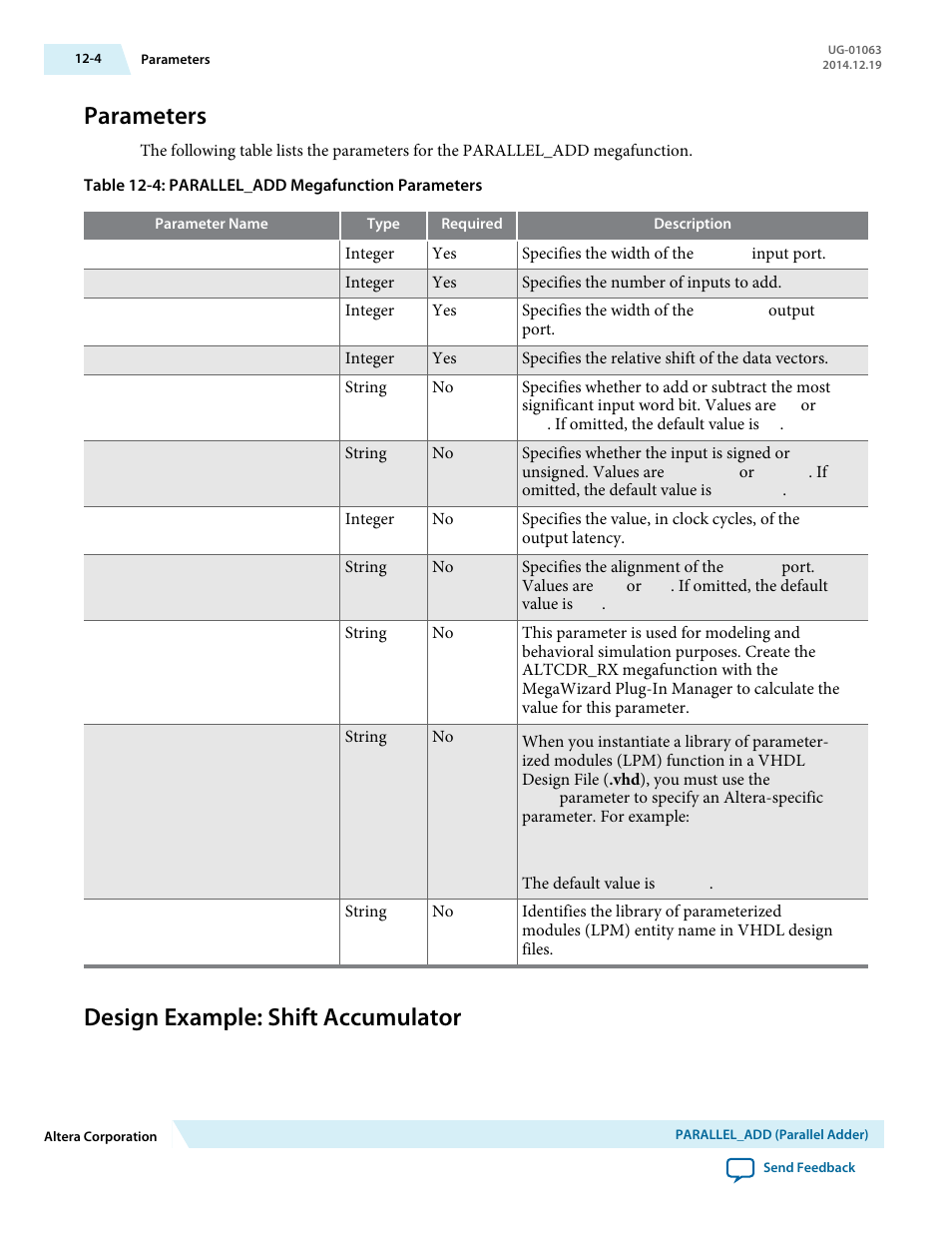 Parameters, Design example: shift accumulator, Parameters -4 | Design example: shift accumulator -4 | Altera Integer Arithmetic IP User Manual | Page 154 / 157