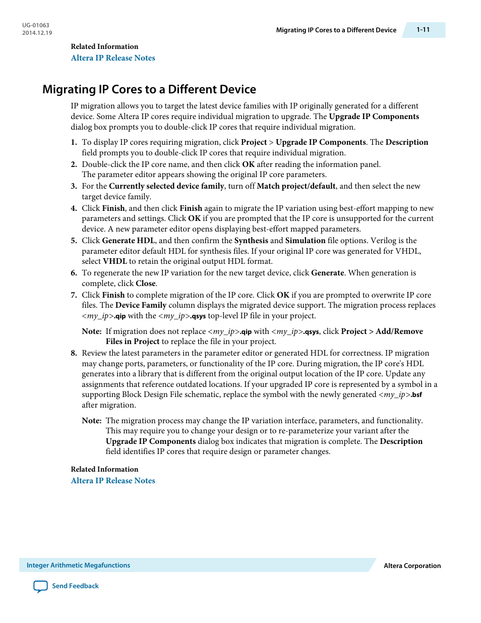Migrating ip cores to a different device, Migrating ip cores to a different device -11 | Altera Integer Arithmetic IP User Manual | Page 16 / 157