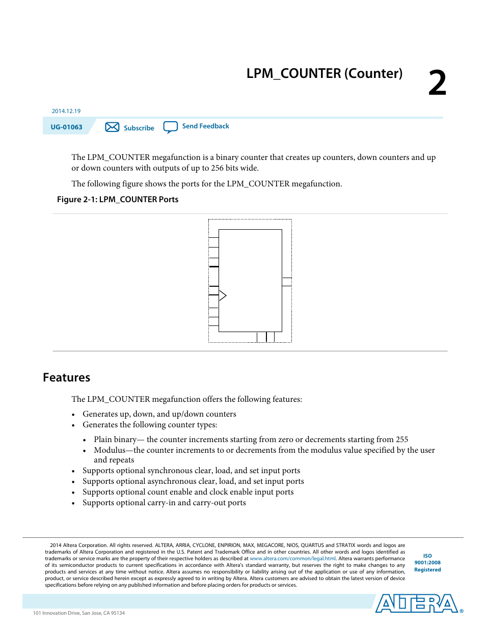Lpm_counter (counter), Features, Lpm_counter (counter) -1 | Features -1 | Altera Integer Arithmetic IP User Manual | Page 19 / 157