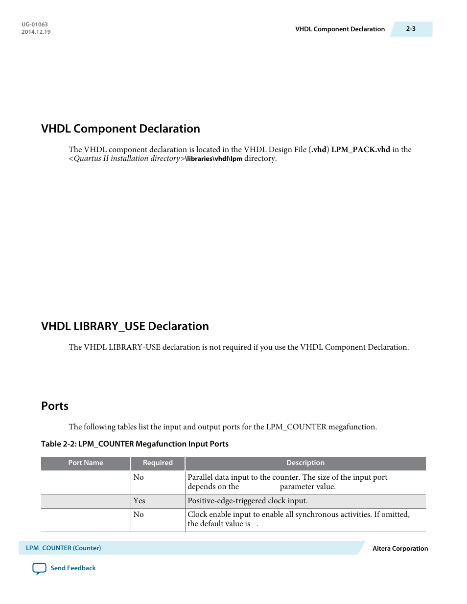 Vhdl component declaration, Vhdl library_use declaration, Ports | Vhdl component declaration -3, Vhdl library_use declaration -3, Ports -3 | Altera Integer Arithmetic IP User Manual | Page 21 / 157
