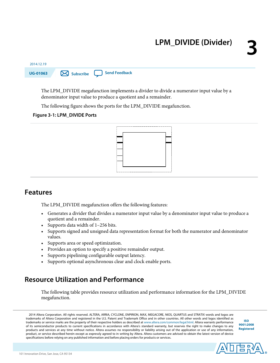 Lpm_divide (divider), Features, Resource utilization and performance | Lpm_divide (divider) -1, Features -1, Resource utilization and performance -1 | Altera Integer Arithmetic IP User Manual | Page 26 / 157