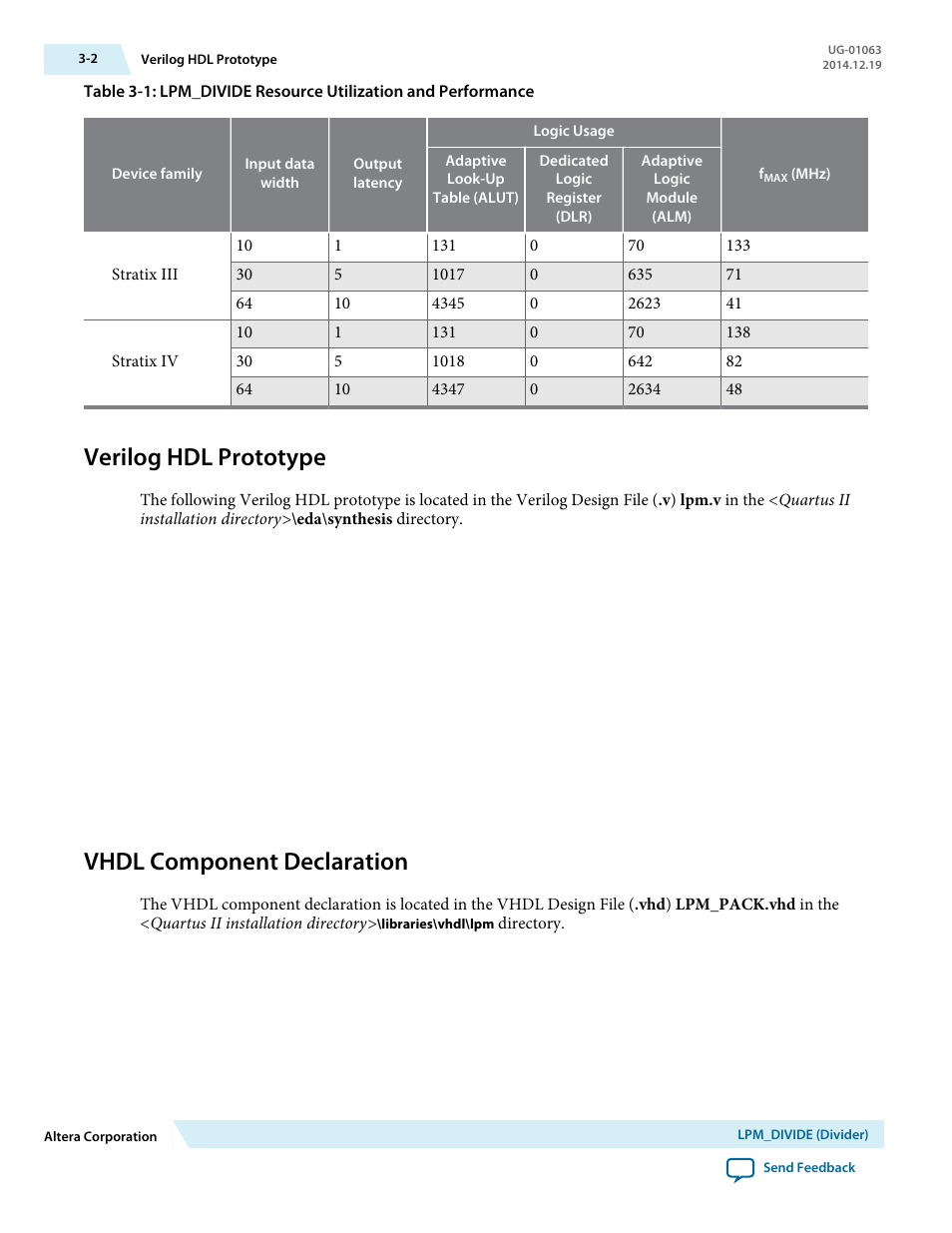 Verilog hdl prototype, Vhdl component declaration, Verilog hdl prototype -2 | Vhdl component declaration -2 | Altera Integer Arithmetic IP User Manual | Page 27 / 157