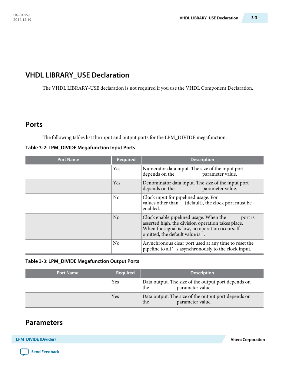 Vhdl library_use declaration, Ports, Parameters | Vhdl library_use declaration -3, Ports -3, Parameters -3 | Altera Integer Arithmetic IP User Manual | Page 28 / 157