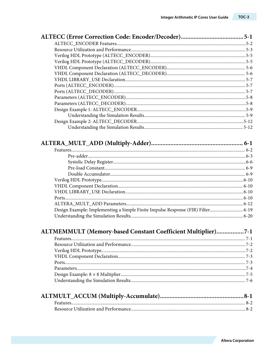 Altecc (error correction code: encoder/decoder) -1, Altera_mult_add (multiply-adder) -1, Altmult_accum (multiply-accumulate) -1 | Altera Integer Arithmetic IP User Manual | Page 3 / 157
