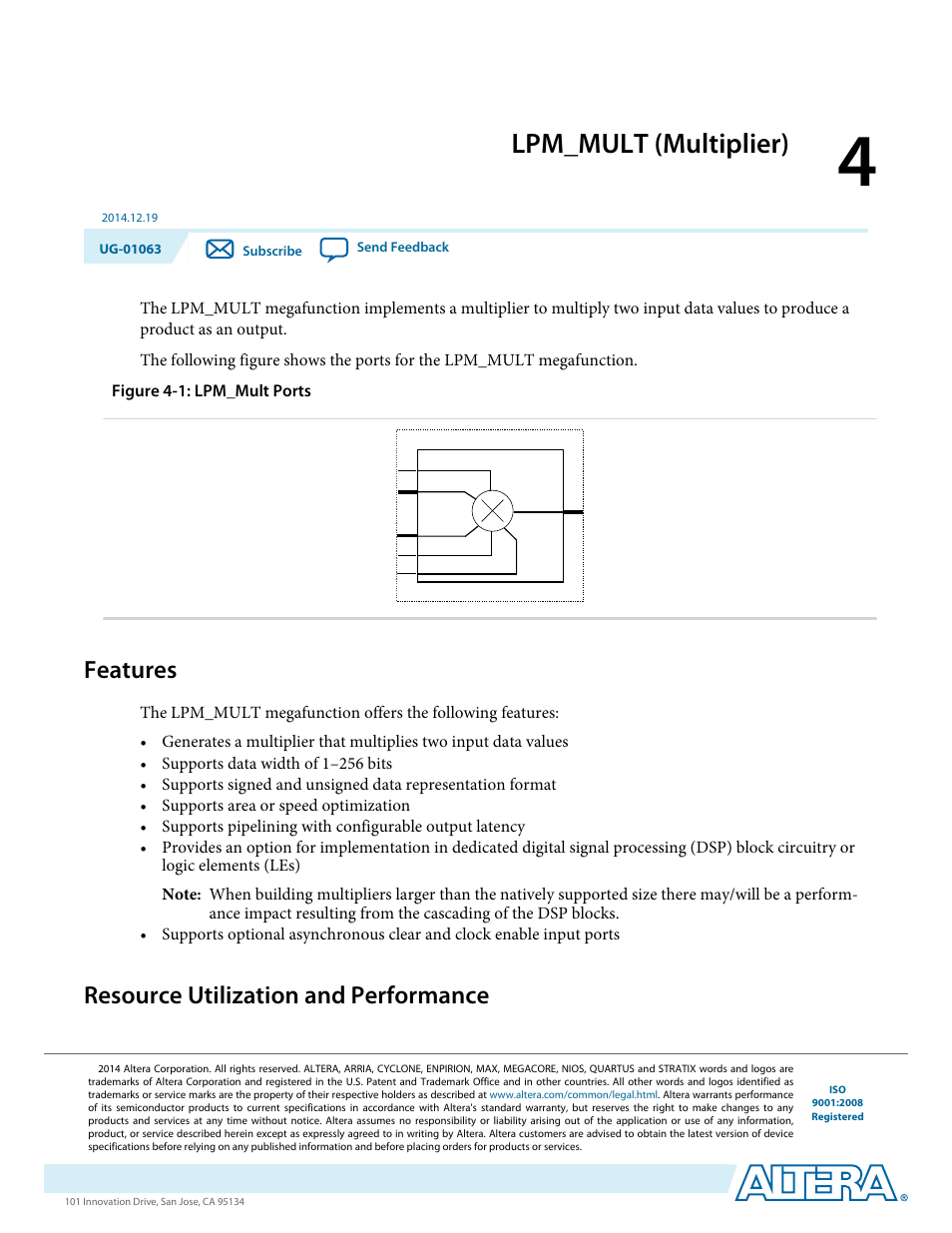 Lpm_mult (multiplier), Features, Resource utilization and performance | Lpm_mult (multiplier) -1, Features -1, Resource utilization and performance -1 | Altera Integer Arithmetic IP User Manual | Page 32 / 157