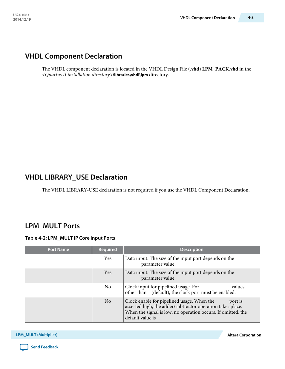 Vhdl component declaration, Vhdl library_use declaration, Lpm_mult ports | Vhdl component declaration -3, Vhdl library_use declaration -3, Lpm_mult ports -3 | Altera Integer Arithmetic IP User Manual | Page 34 / 157