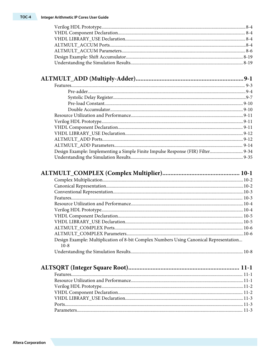 Altmult_add (multiply-adder) -1, Altmult_complex (complex multiplier) -1, Altsqrt (integer square root) -1 | Altera Integer Arithmetic IP User Manual | Page 4 / 157