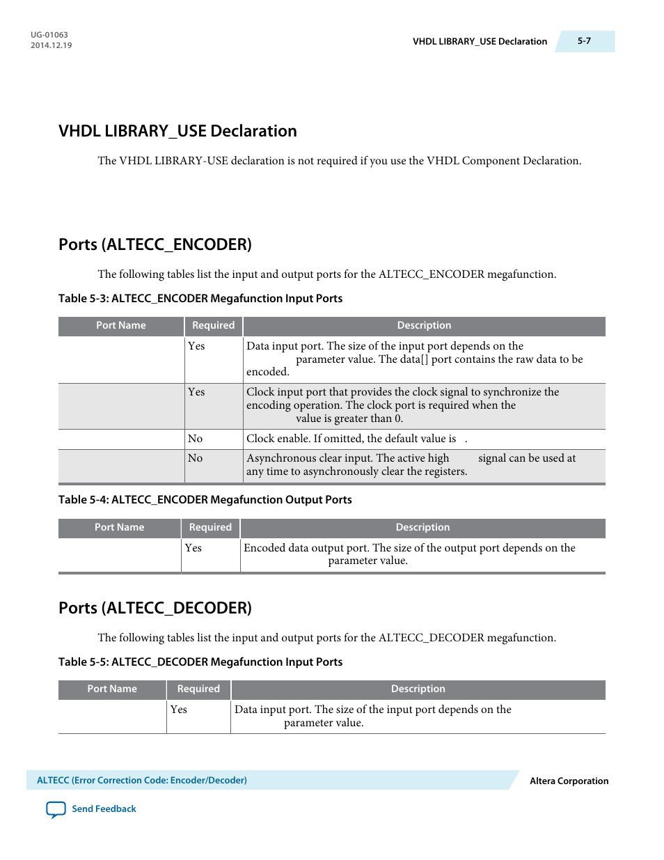 Vhdl library_use declaration, Ports (altecc_encoder), Ports (altecc_decoder) | Vhdl library_use declaration -7, Ports (altecc_encoder) -7, Ports (altecc_decoder) -7 | Altera Integer Arithmetic IP User Manual | Page 45 / 157
