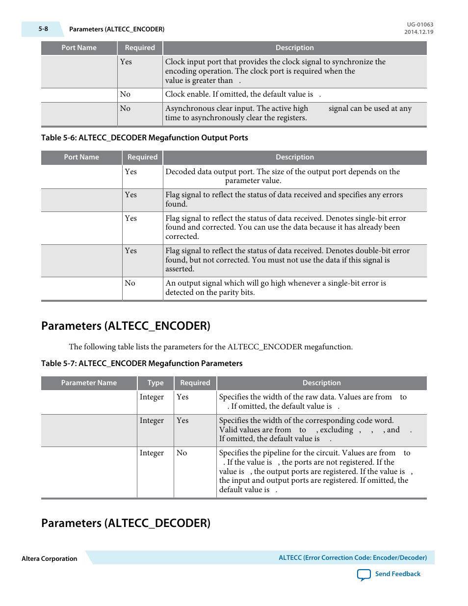 Parameters (altecc_encoder), Parameters (altecc_decoder), Parameters (altecc_encoder) -8 | Parameters (altecc_decoder) -8 | Altera Integer Arithmetic IP User Manual | Page 46 / 157