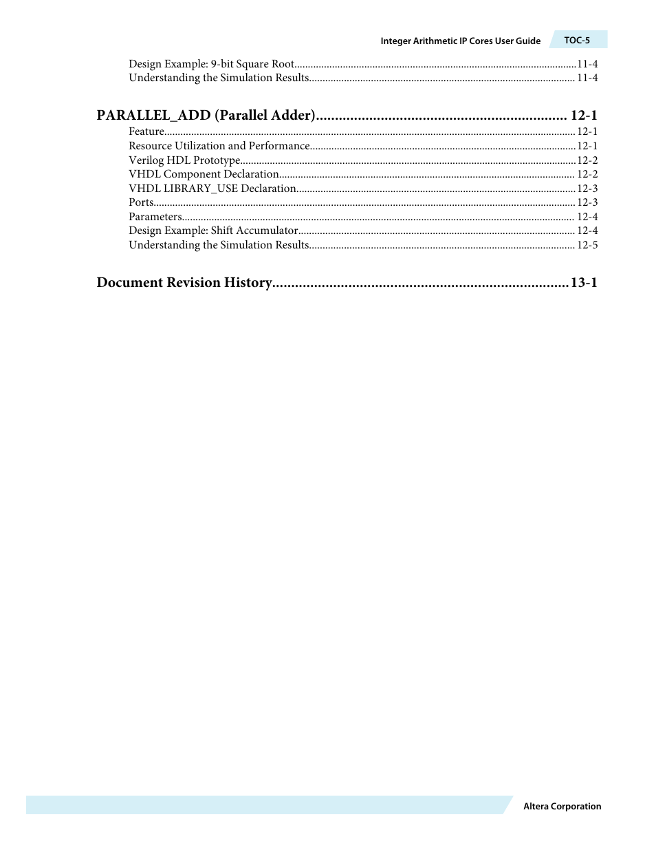 Parallel_add (parallel adder) -1, Document revision history -1 | Altera Integer Arithmetic IP User Manual | Page 5 / 157