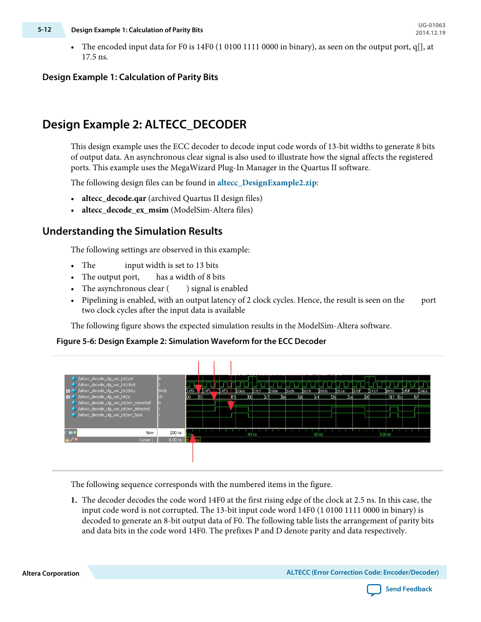 Design example 1: calculation of parity bits, Design example 2: altecc_decoder, Understanding the simulation results | Design example 2: altecc_decoder -12, Understanding the simulation results -12 | Altera Integer Arithmetic IP User Manual | Page 50 / 157