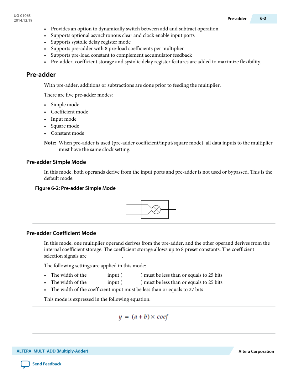 Pre-adder, Pre-adder simple mode, Pre-adder coefficient mode | Pre-adder -3 | Altera Integer Arithmetic IP User Manual | Page 56 / 157