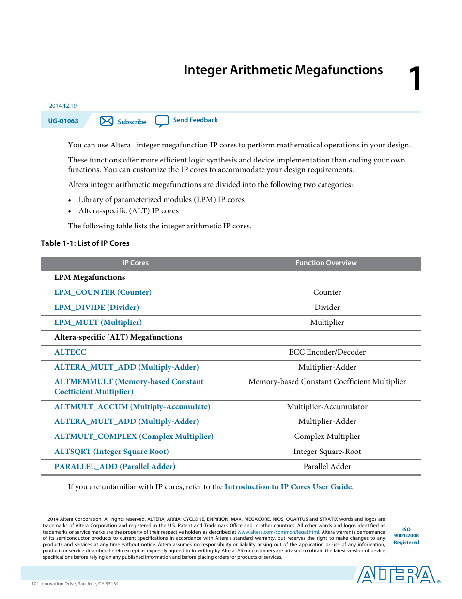 Integer arithmetic megafunctions, Integer arithmetic megafunctions -1 | Altera Integer Arithmetic IP User Manual | Page 6 / 157