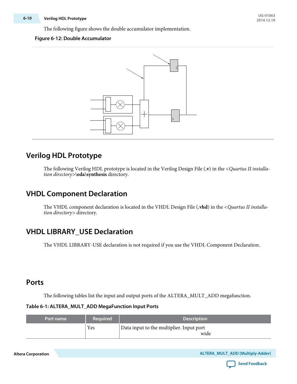 Verilog hdl prototype, Vhdl component declaration, Vhdl library_use declaration | Ports, Verilog hdl prototype -10, Vhdl component declaration -10, Vhdl library_use declaration -10, Ports -10 | Altera Integer Arithmetic IP User Manual | Page 63 / 157