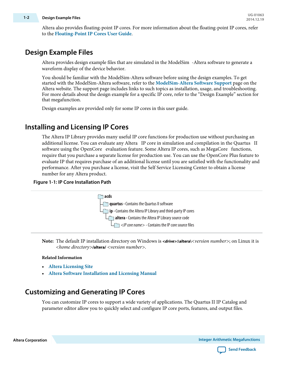 Design example files, Installing and licensing ip cores, Customizing and generating ip cores | Design example files -2, Installing and licensing ip cores -2, Customizing and generating ip cores -2 | Altera Integer Arithmetic IP User Manual | Page 7 / 157