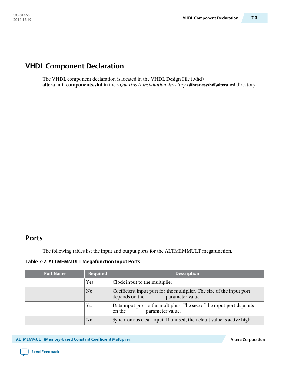 Vhdl component declaration, Ports, Vhdl component declaration -3 | Ports -3 | Altera Integer Arithmetic IP User Manual | Page 76 / 157