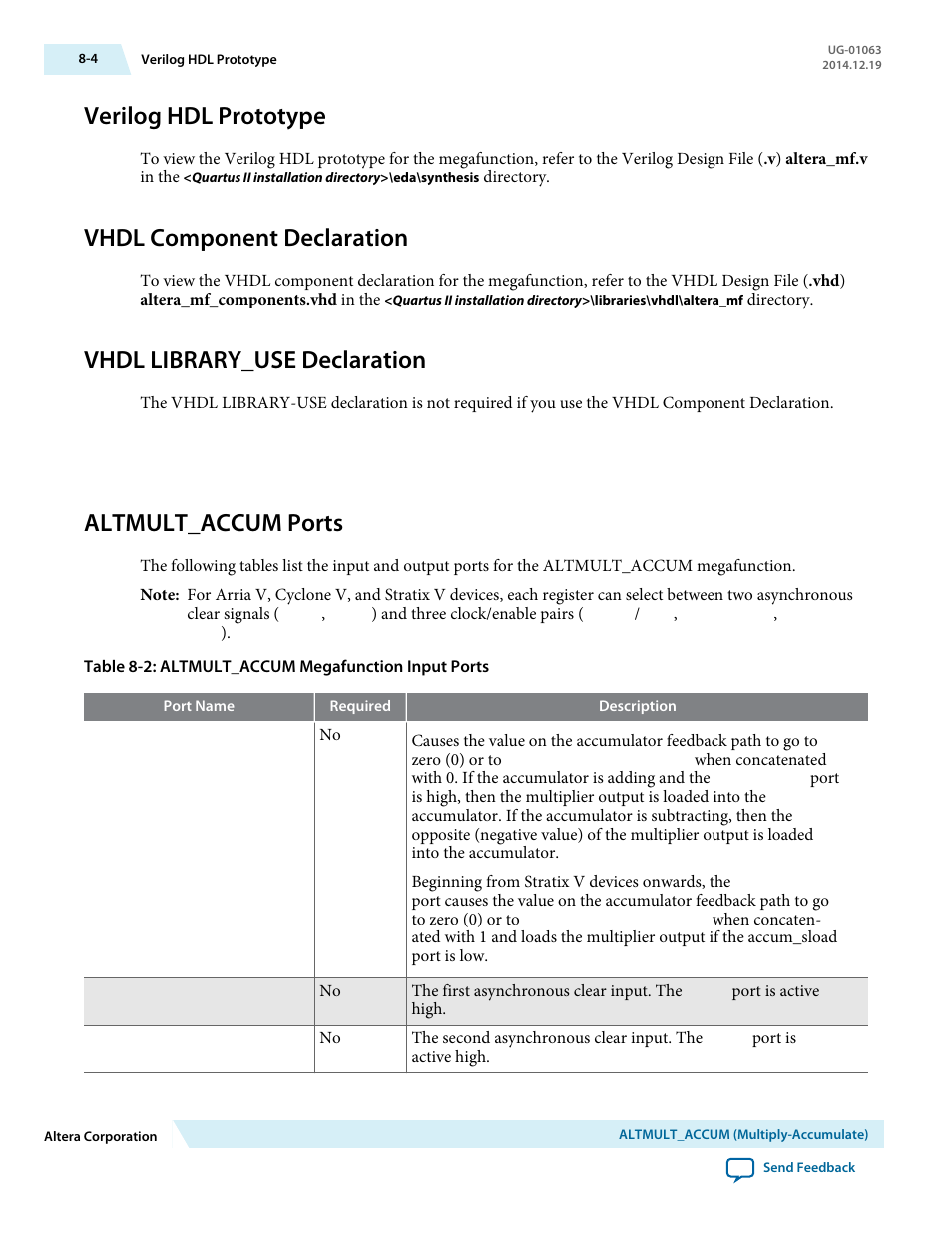 Verilog hdl prototype, Vhdl component declaration, Vhdl library_use declaration | Altmult_accum ports, Verilog hdl prototype -4, Vhdl component declaration -4, Vhdl library_use declaration -4, Altmult_accum ports -4 | Altera Integer Arithmetic IP User Manual | Page 85 / 157