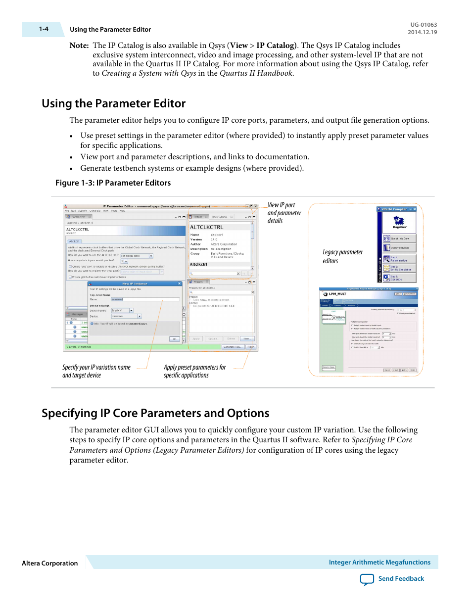 Using the parameter editor, Specifying ip core parameters and options, Using the parameter editor -4 | Specifying ip core parameters and options -4 | Altera Integer Arithmetic IP User Manual | Page 9 / 157