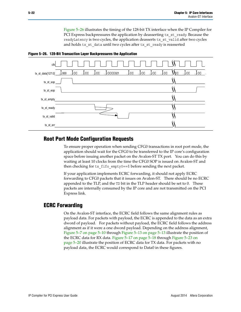 Root port mode configuration requests, Ecrc forwarding | Altera IP Compiler for PCI Express User Manual | Page 108 / 372