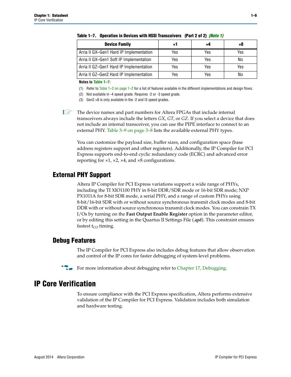 External phy support, Debug features, Ip core verification | Of 2), Note 1) | Altera IP Compiler for PCI Express User Manual | Page 11 / 372