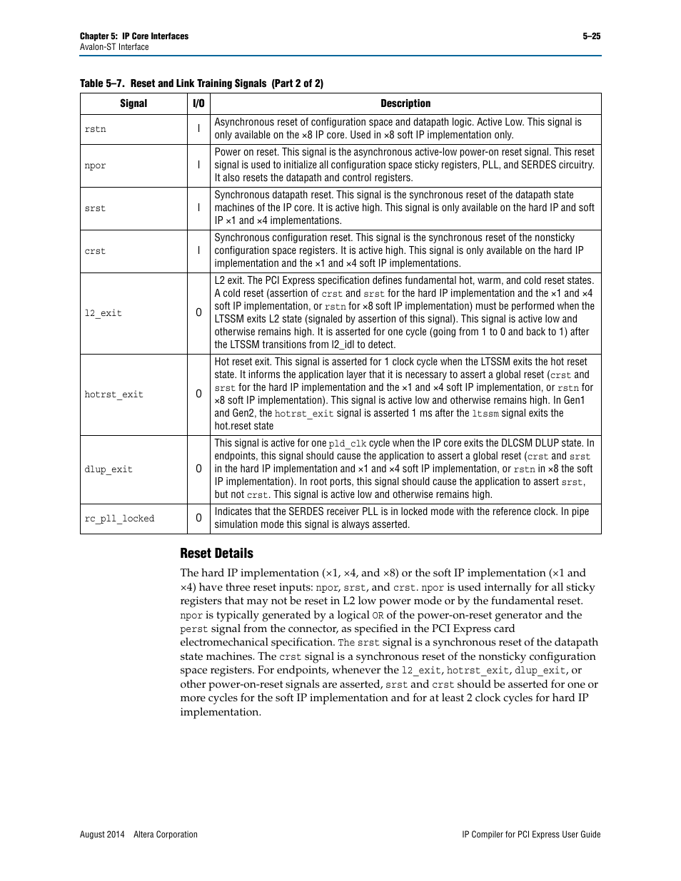 Reset details | Altera IP Compiler for PCI Express User Manual | Page 111 / 372