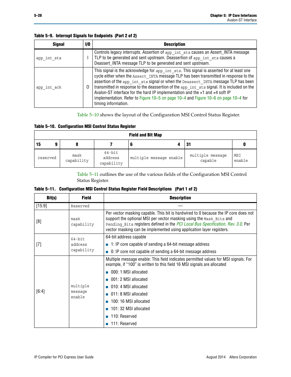 Table 5–10, Table 5–11 | Altera IP Compiler for PCI Express User Manual | Page 114 / 372