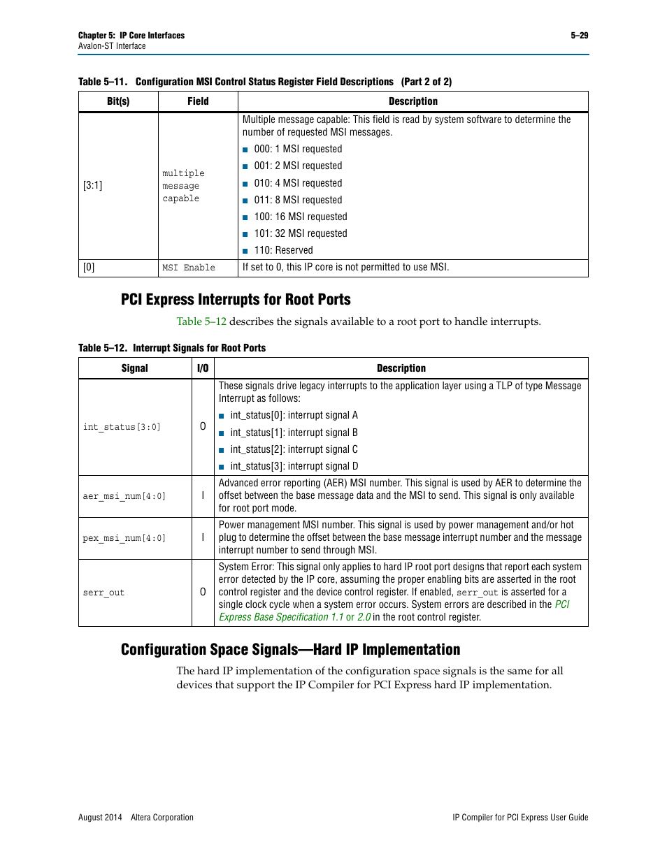 Pci express interrupts for root ports, Configuration space signals—hard ip implementation | Altera IP Compiler for PCI Express User Manual | Page 115 / 372