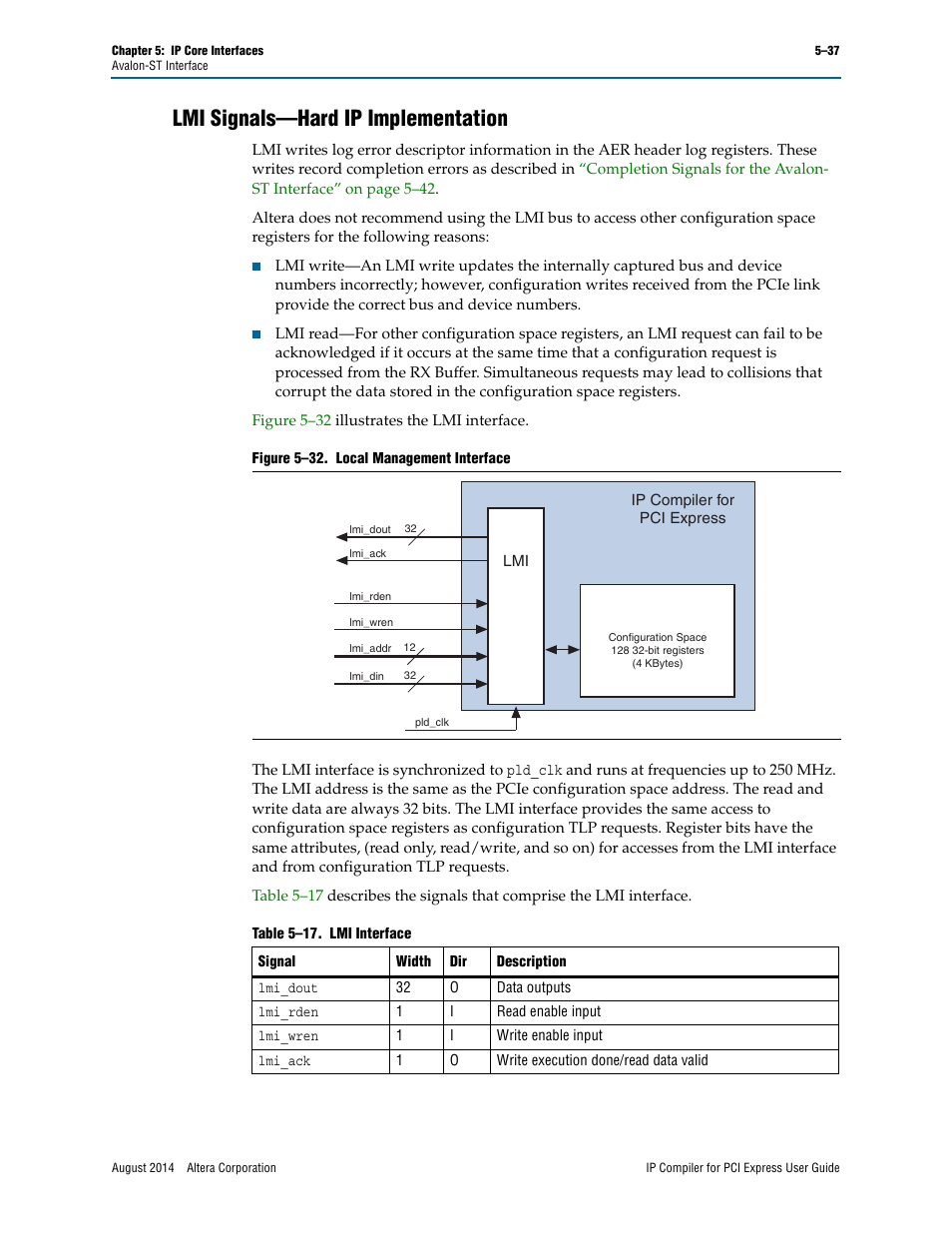 Lmi signals—hard ip implementation, Fer to the, Lmi signals—hard ip implementation” on | Altera IP Compiler for PCI Express User Manual | Page 123 / 372