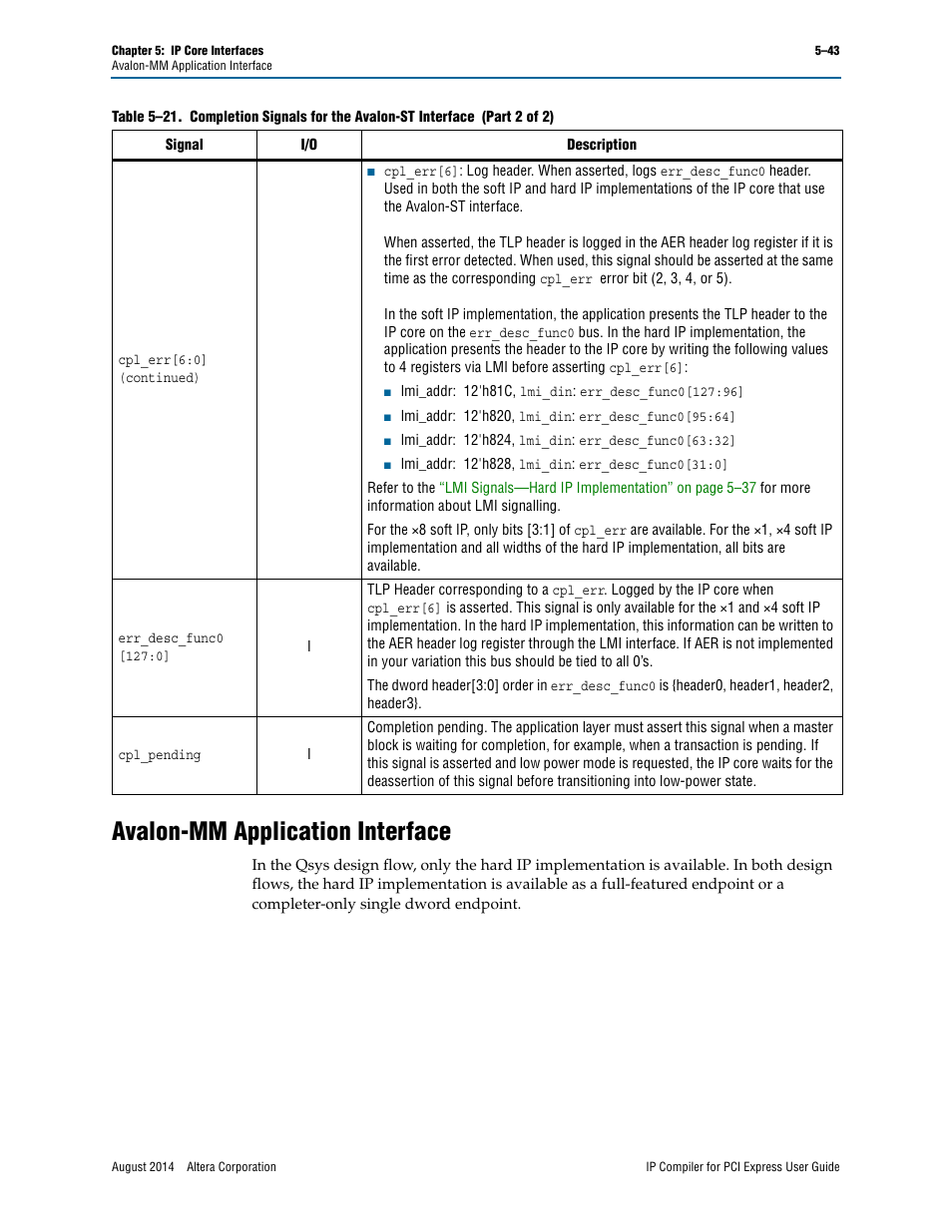 Avalon-mm application interface | Altera IP Compiler for PCI Express User Manual | Page 129 / 372