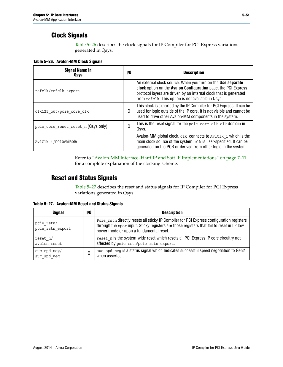 Clock signals, Reset and status signals | Altera IP Compiler for PCI Express User Manual | Page 137 / 372