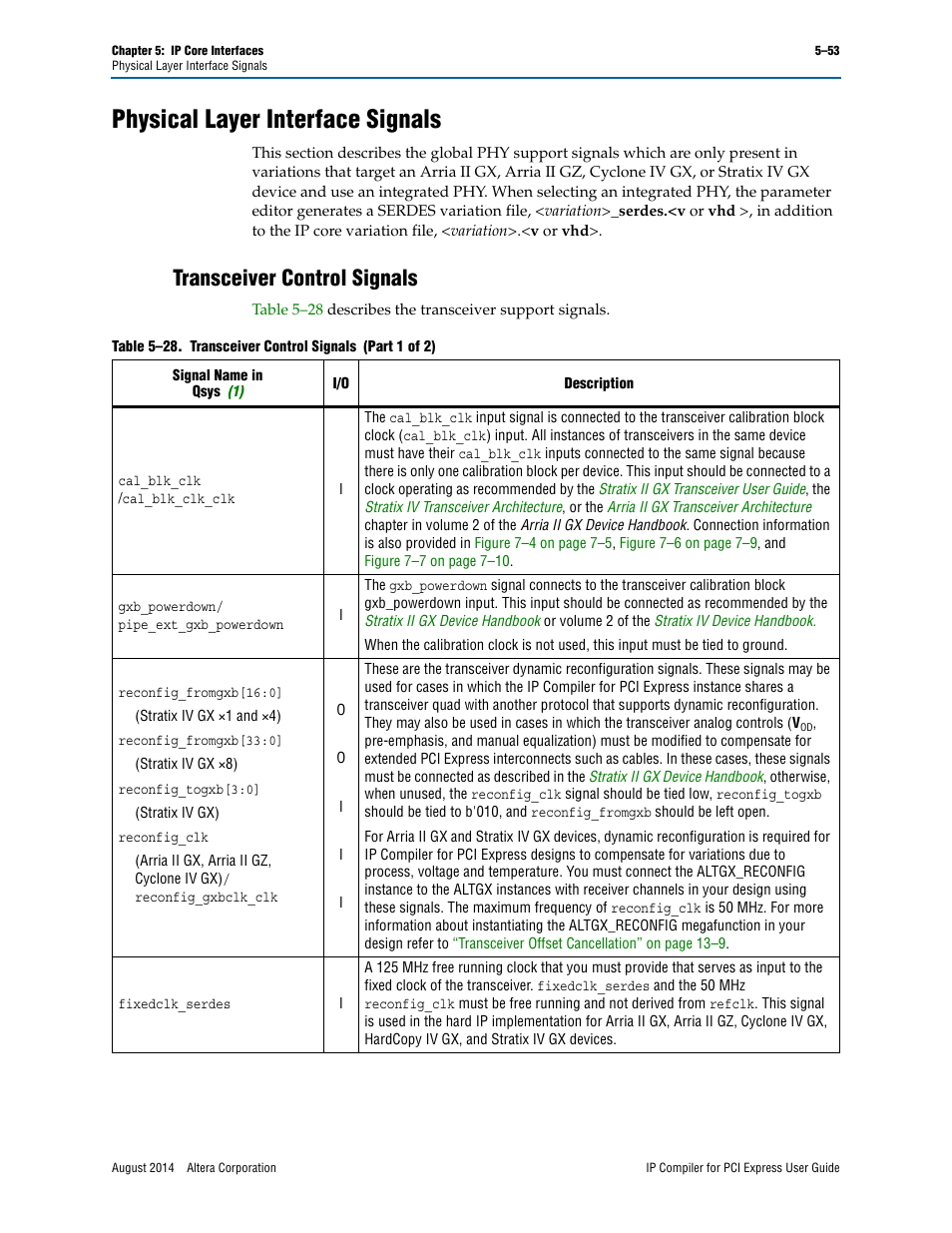 Physical layer interface signals, Transceiver control signals | Altera IP Compiler for PCI Express User Manual | Page 139 / 372