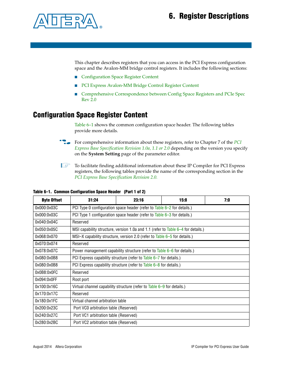 Register descriptions, Configuration space register content, Common configuration space header | Altera IP Compiler for PCI Express User Manual | Page 149 / 372