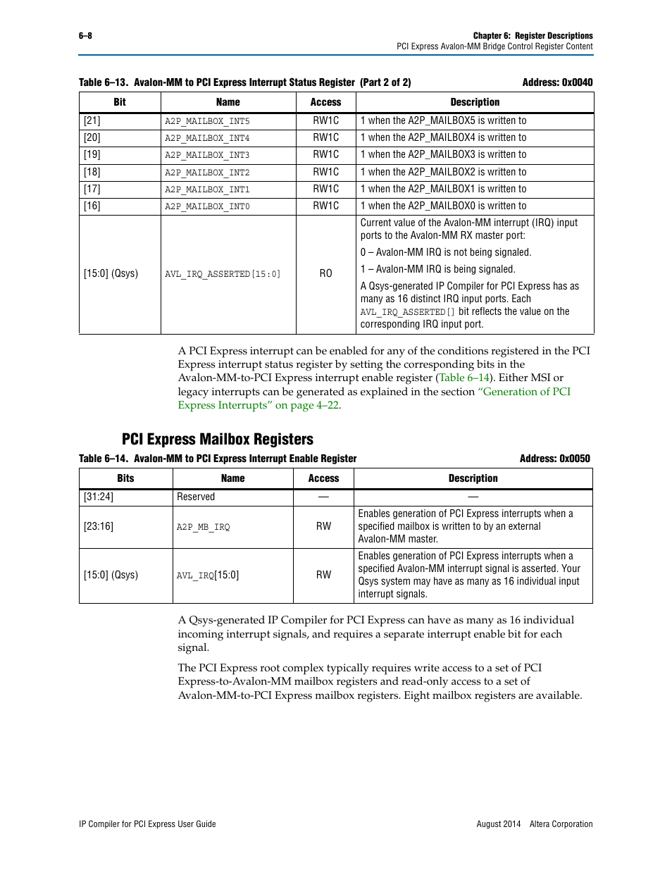 Pci express mailbox registers | Altera IP Compiler for PCI Express User Manual | Page 156 / 372