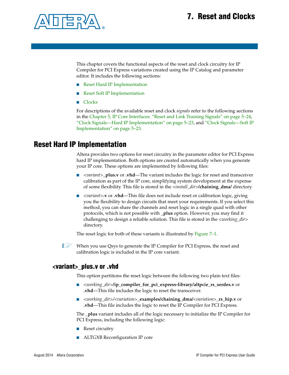 Reset and clocks, Reset hard ip implementation, Variant>_plus.v or .vhd | Chapter 7, reset and clocks | Altera IP Compiler for PCI Express User Manual | Page 165 / 372