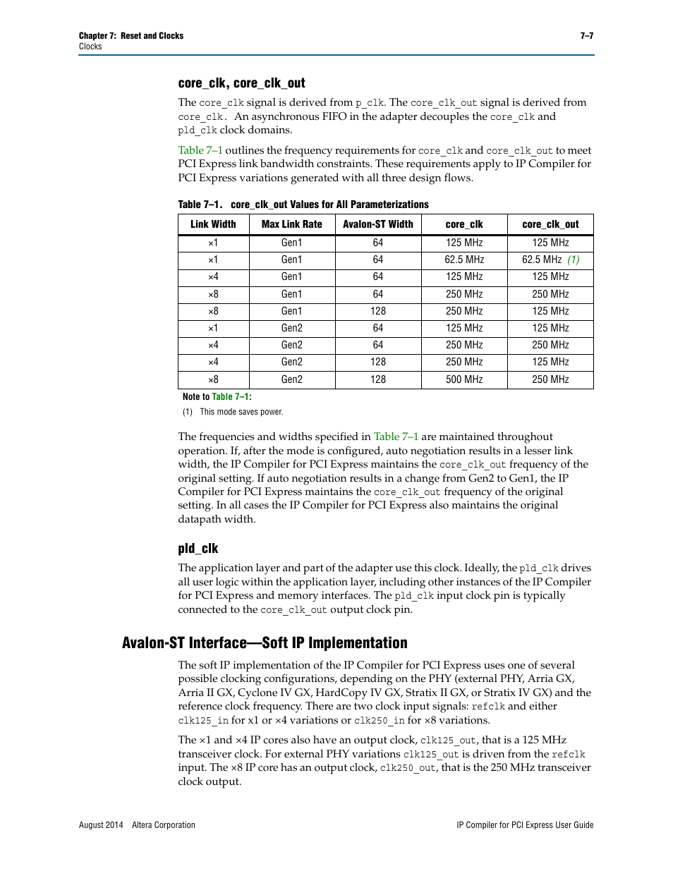 Core_clk, core_clk_out, Pld_clk, Avalon-st interface—soft ip implementation | Altera IP Compiler for PCI Express User Manual | Page 171 / 372