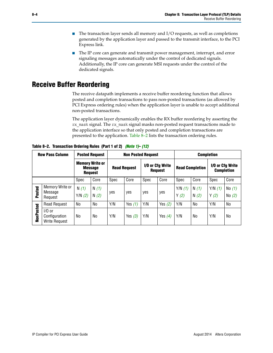 Receive buffer reordering | Altera IP Compiler for PCI Express User Manual | Page 180 / 372