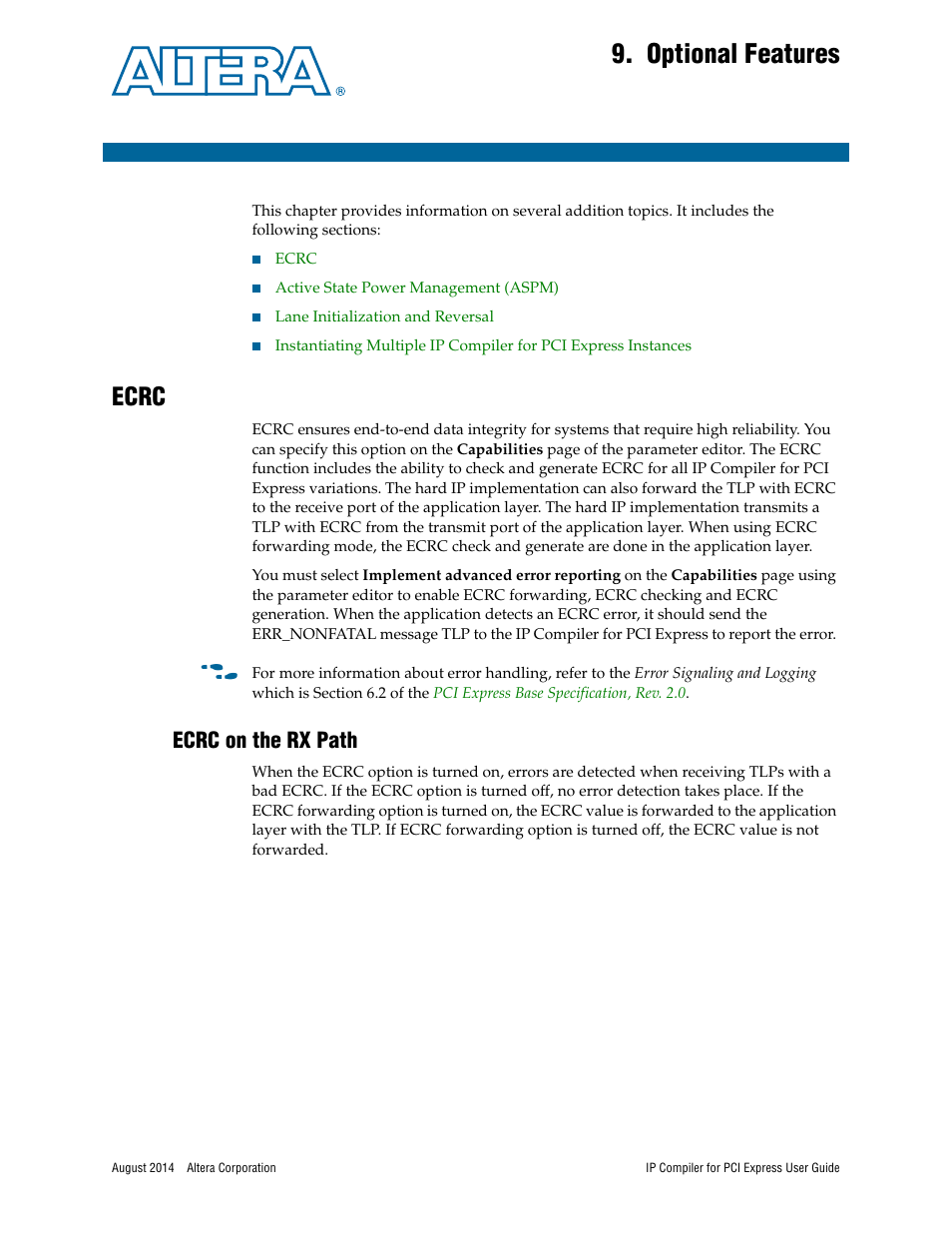 Optional features, Ecrc, Ecrc on the rx path | Altera IP Compiler for PCI Express User Manual | Page 183 / 372