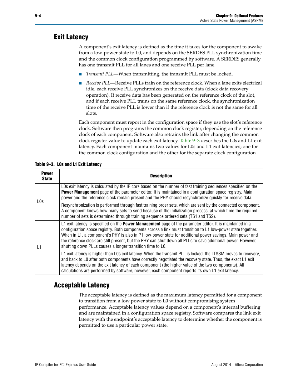 Exit latency, Acceptable latency | Altera IP Compiler for PCI Express User Manual | Page 186 / 372