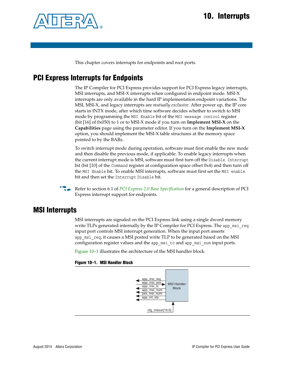 Interrupts, Pci express interrupts for endpoints, Msi interrupts | Altera IP Compiler for PCI Express User Manual | Page 191 / 372