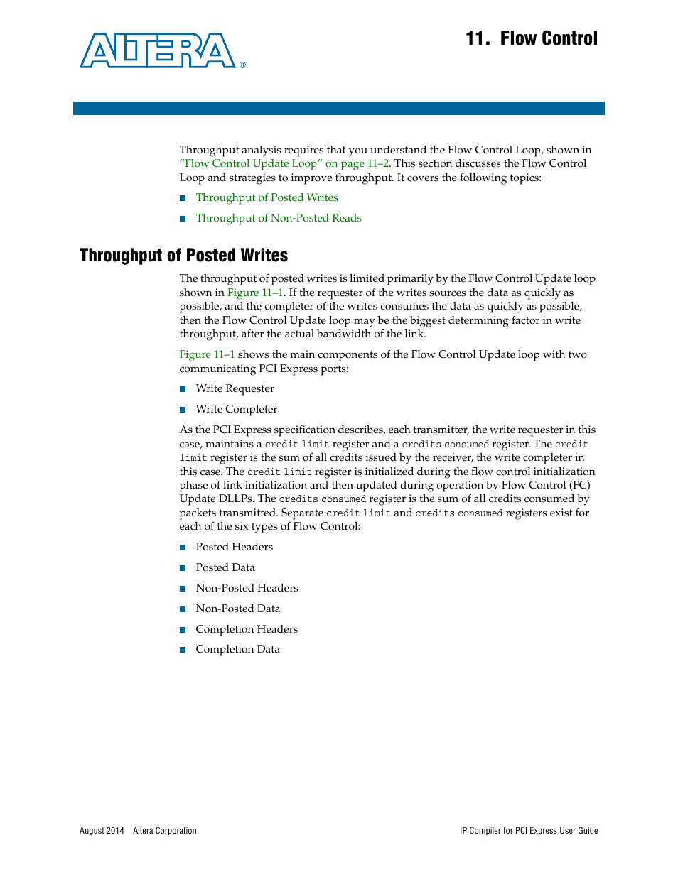 Flow control, Throughput of posted writes, Chapter 11, flow control | This | Altera IP Compiler for PCI Express User Manual | Page 197 / 372