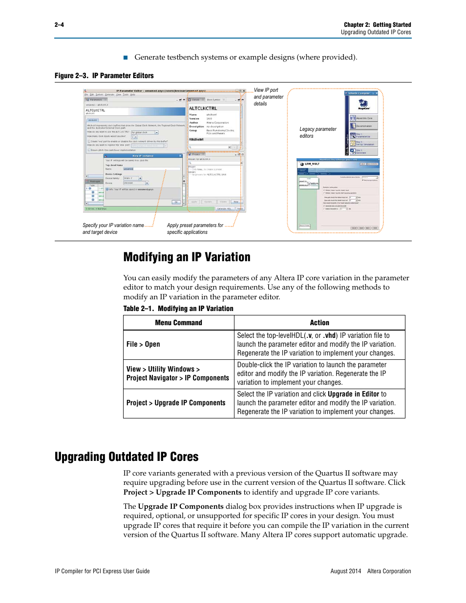 Upgrading outdated ip cores, Modifying an ip variation | Altera IP Compiler for PCI Express User Manual | Page 20 / 372