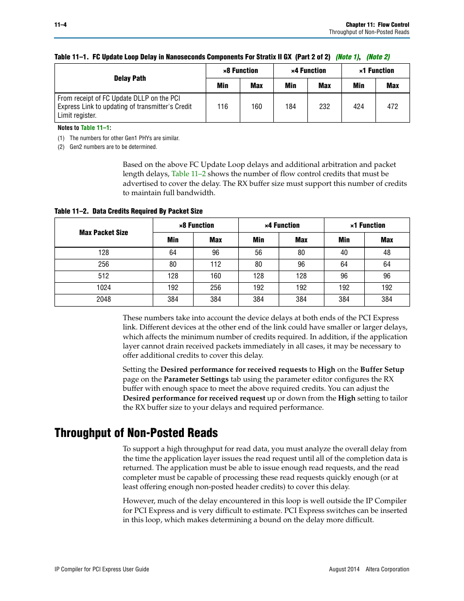 Throughput of non-posted reads, Note 1), Note 2) | Altera IP Compiler for PCI Express User Manual | Page 200 / 372