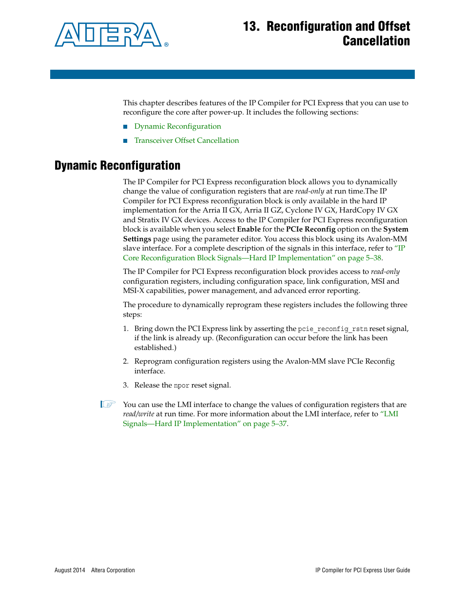 Reconfiguration and offset cancellation, Dynamic reconfiguration, Chapter 13 | Altera IP Compiler for PCI Express User Manual | Page 211 / 372